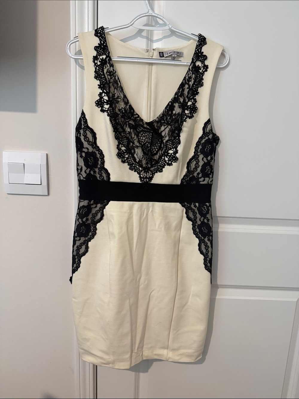Jennifer Lopez Cream Sheath Dress with Black Lace Trim
